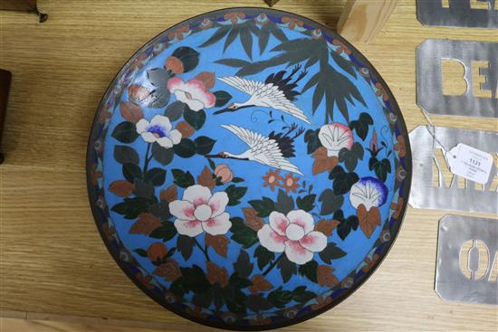 Five Japanese cloisonne enamel dishes of birds amid flowers including a pair largest diameter 30cm